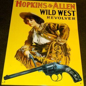 Vintage Hopkins & Allen Wild West Revolver Advertising Metal Sign